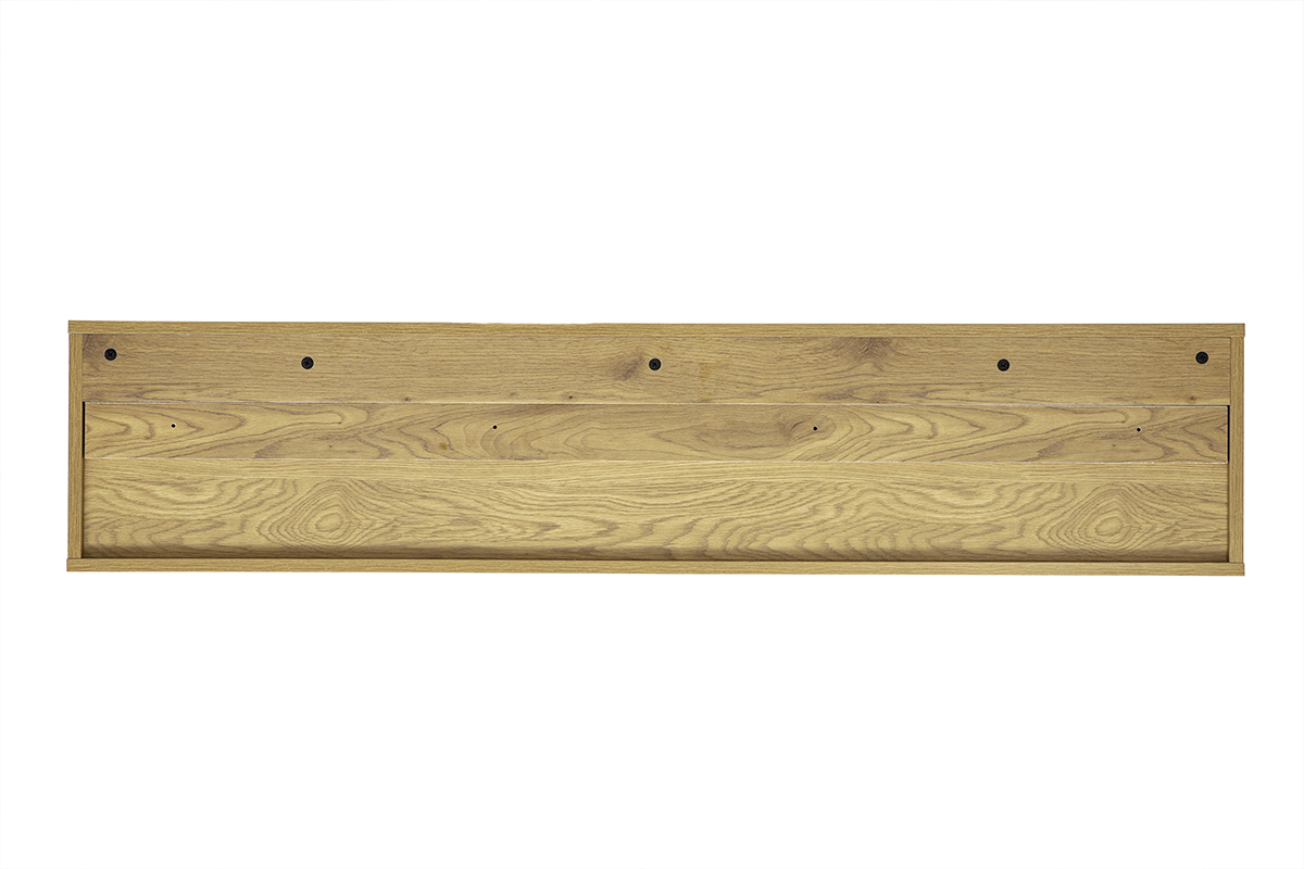 Mueble TV mural en acabado blanco y madera clara de roble, vista trasera, longitud 140 cm.