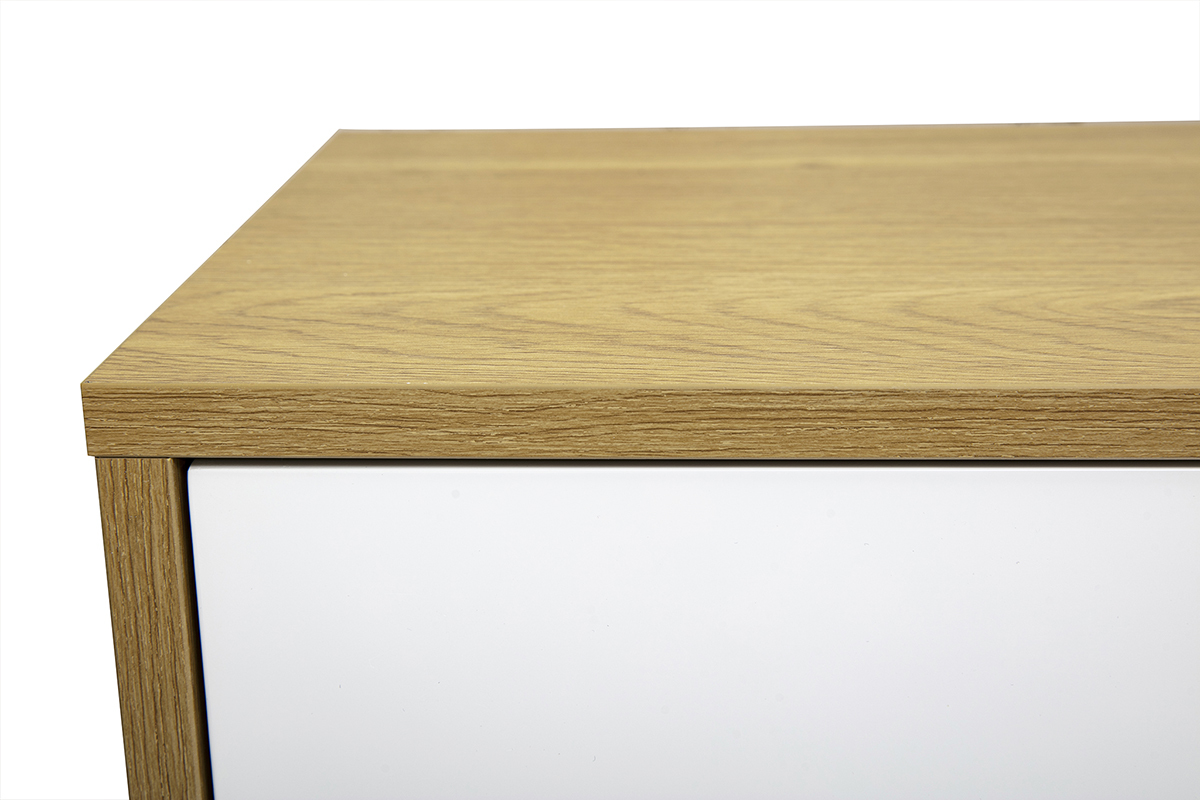 Vista superior del mueble TV mural FLEXO, acabado blanco y madera clara de roble.