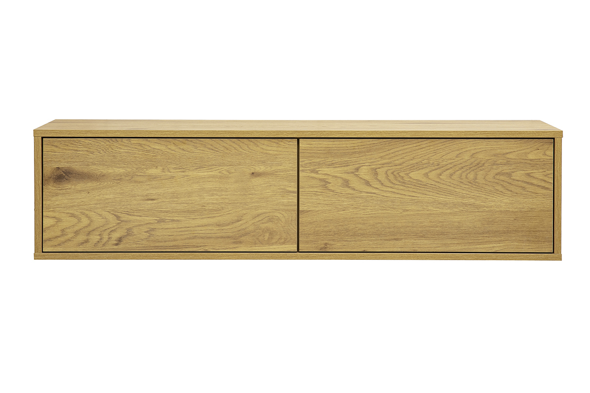 Mueble TV mural de madera clara roble, vista frontal, dimensiones L120 cm