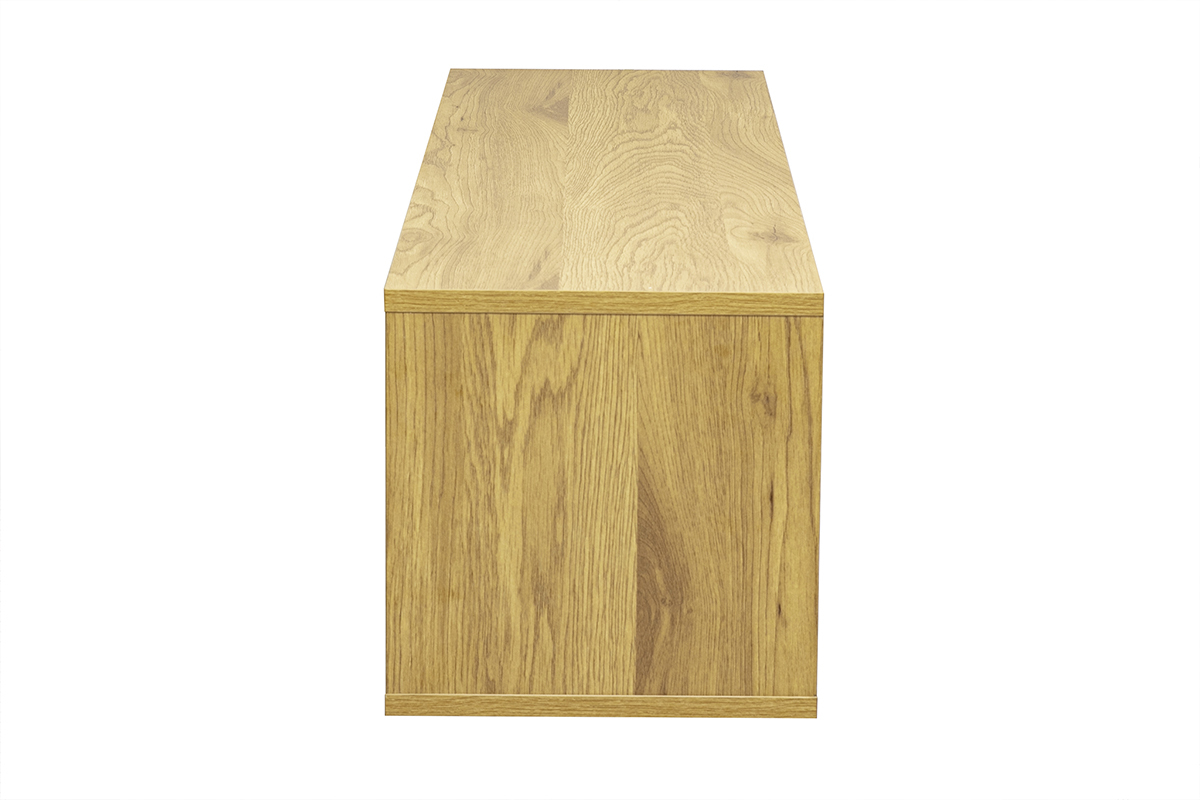 Mueble TV mural de madera clara de roble, vista de perfil, dimensiones L120 x P30 x H30 cm.