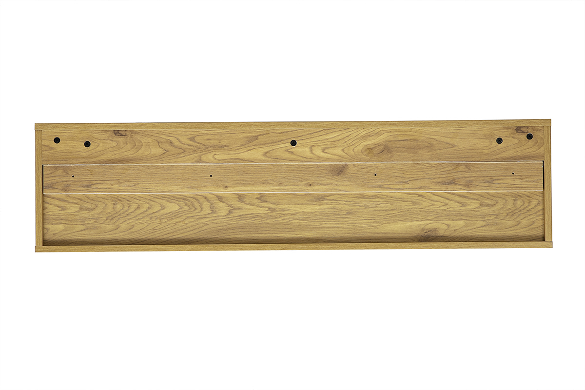 Vista trasera del mueble de TV mural FLEXO en acabado de madera clara de roble, dimensiones L120 cm.