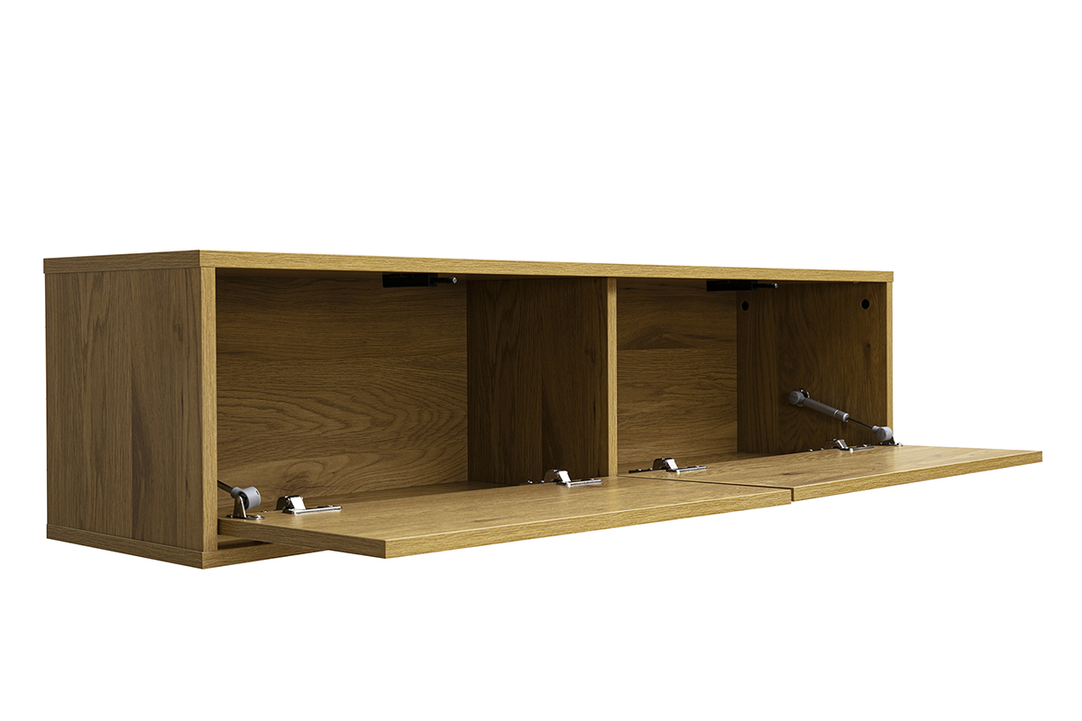 Mueble TV mural FLEXO en madera clara de roble, con espacios de almacenamiento y un caj�n abierto, vista de 3/4.