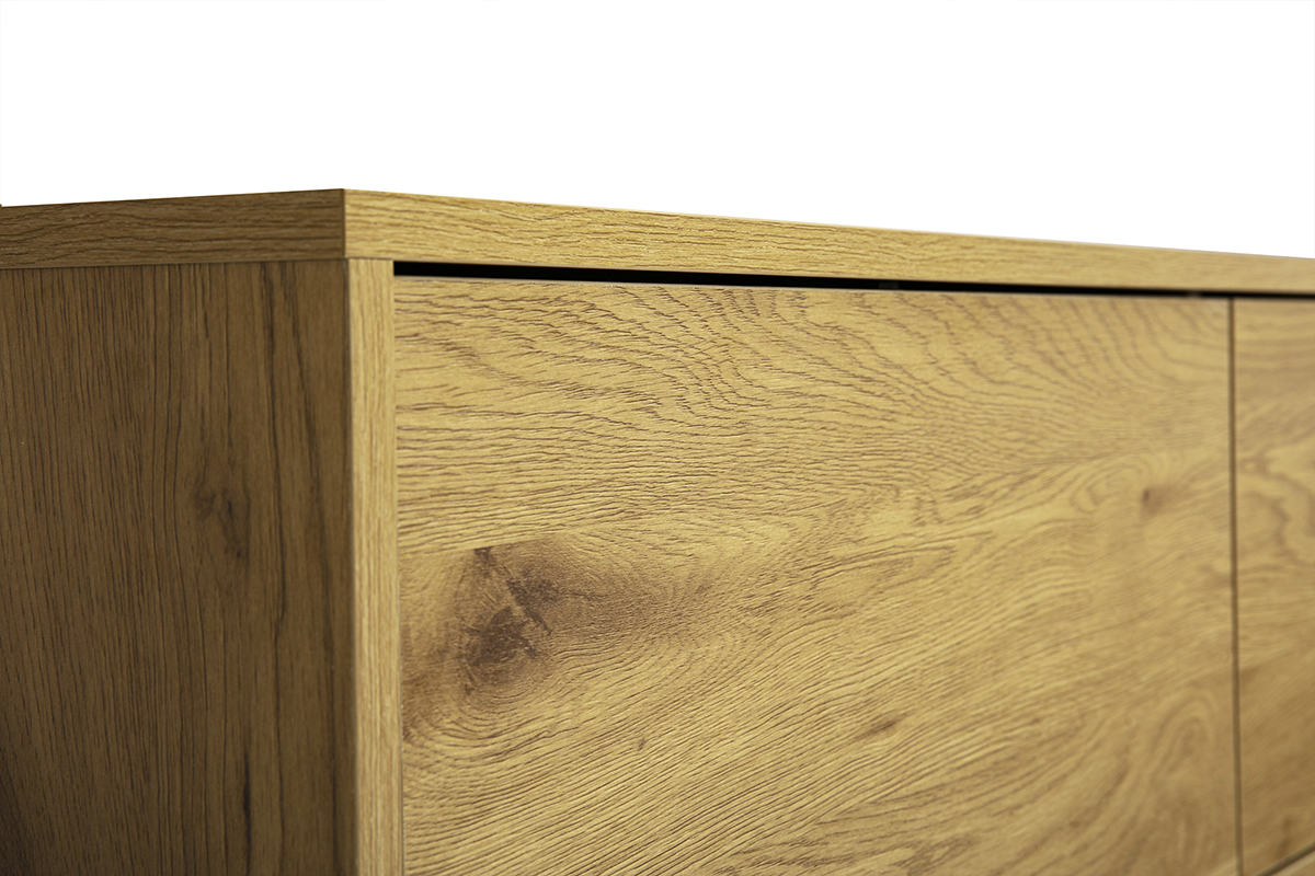 Detalle del mueble TV mural FLEXO acabado madera clara roble, vista cercana