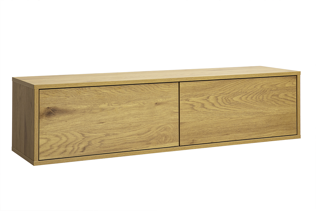 Mueble TV mural de madera clara de roble, vista de 3/4, L120 cm, dise�o moderno y depurado.