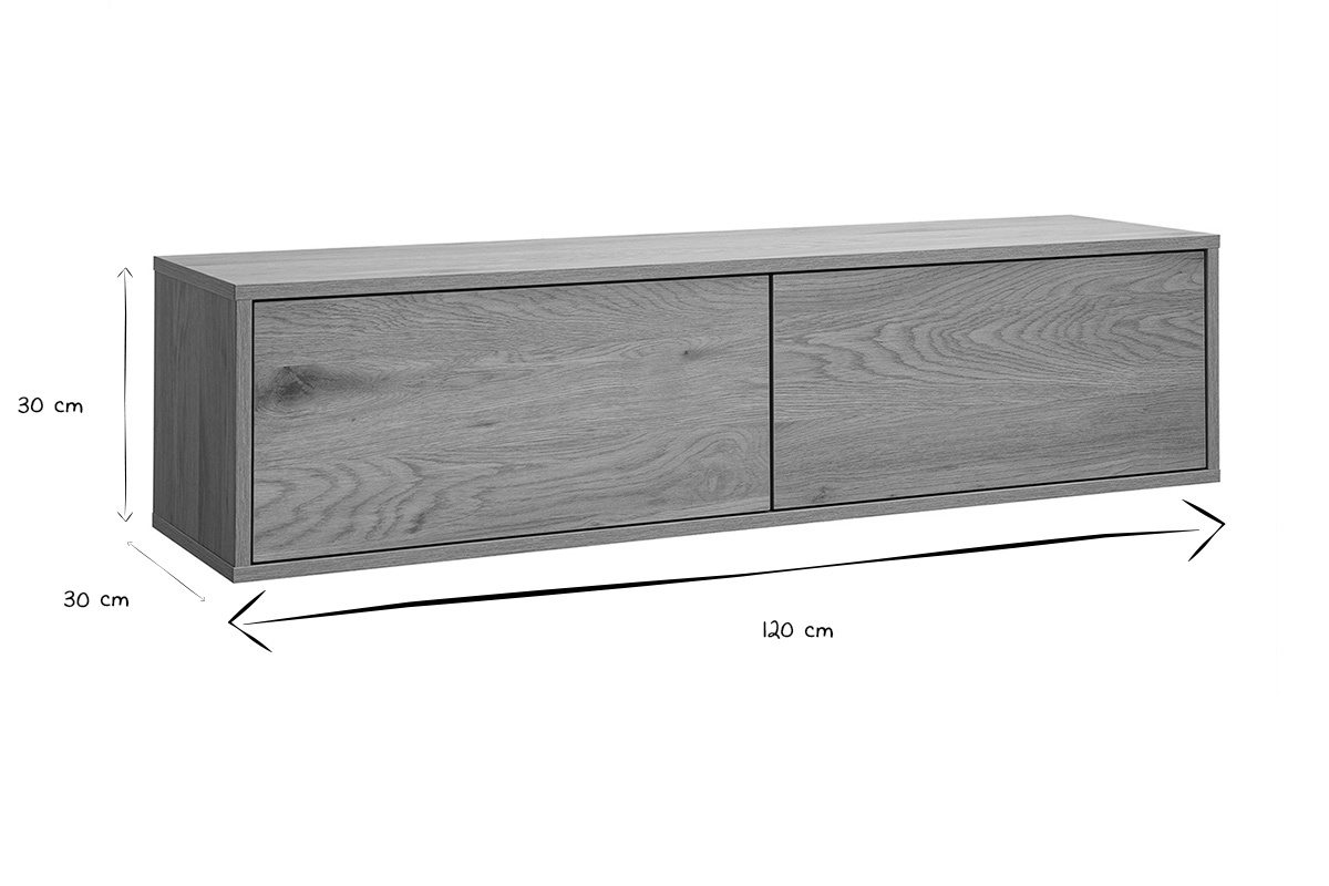 Dimensiones del mueble de TV mural FLEXO en negro y blanco, 120 cm de ancho, 30 cm de alto y profundidad.