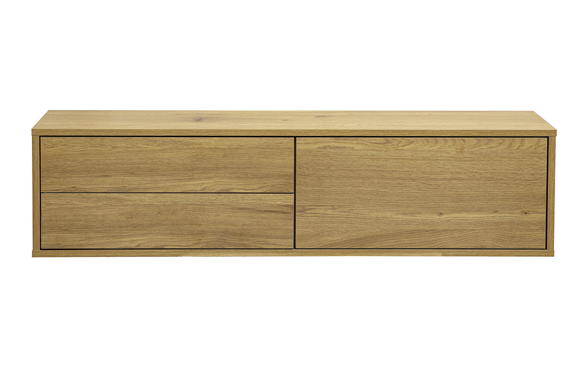 Mueble de TV mural con acabado de madera clara de roble con dos cajones y un nicho, vista frontal