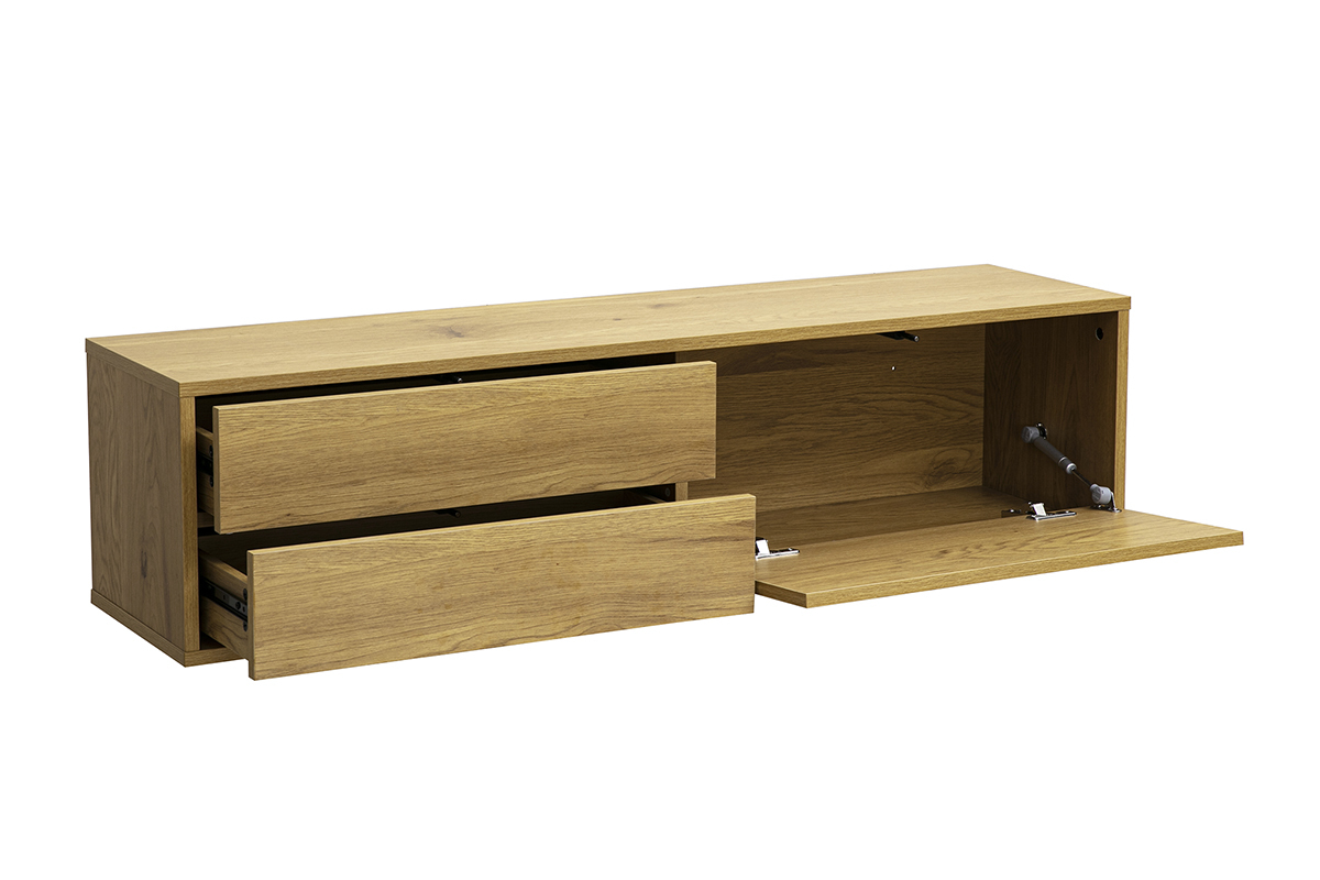 Mueble TV mural de roble claro de 120 cm con dos cajones y un nicho abierto