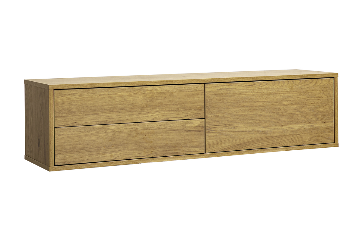 Mueble TV mural en acabado de madera clara roble, vista de 3/4, longitud 120 cm, con cajones y nicho.