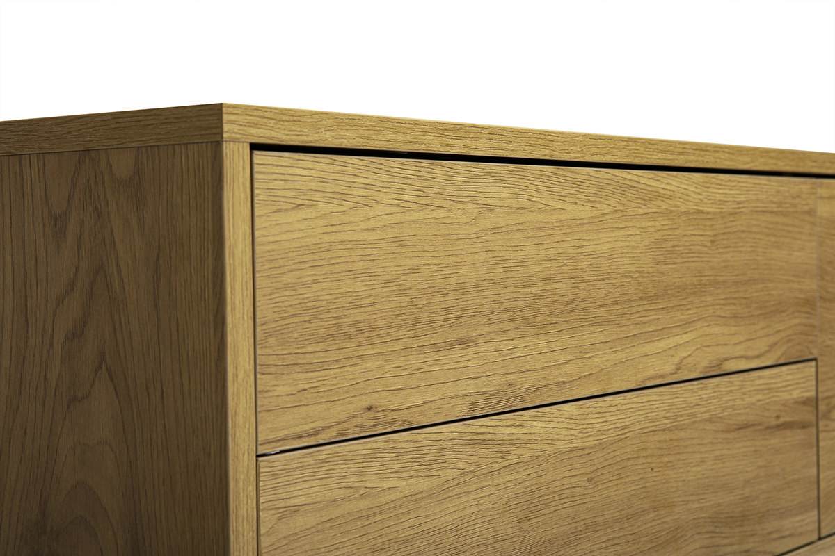 Detalle del mueble TV mural FLEXO en roble claro, con dos cajones visibles.