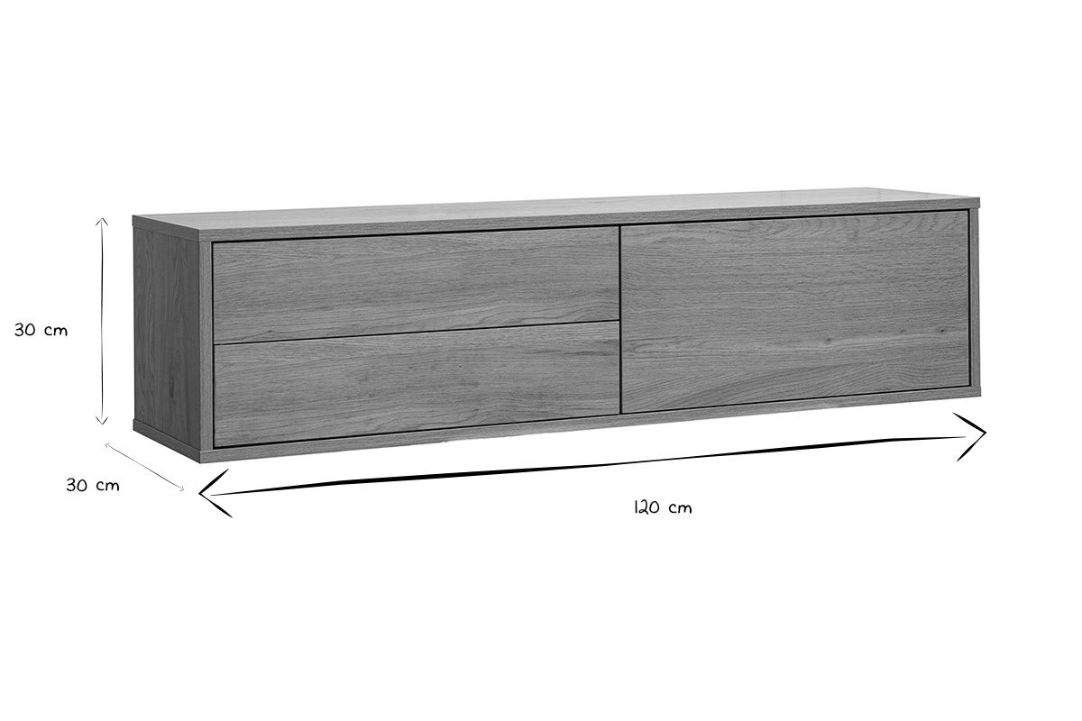 Dimensiones del mueble de TV mural en blanco y negro: 120 cm de largo, 30 cm de alto, 30 cm de profundidad.