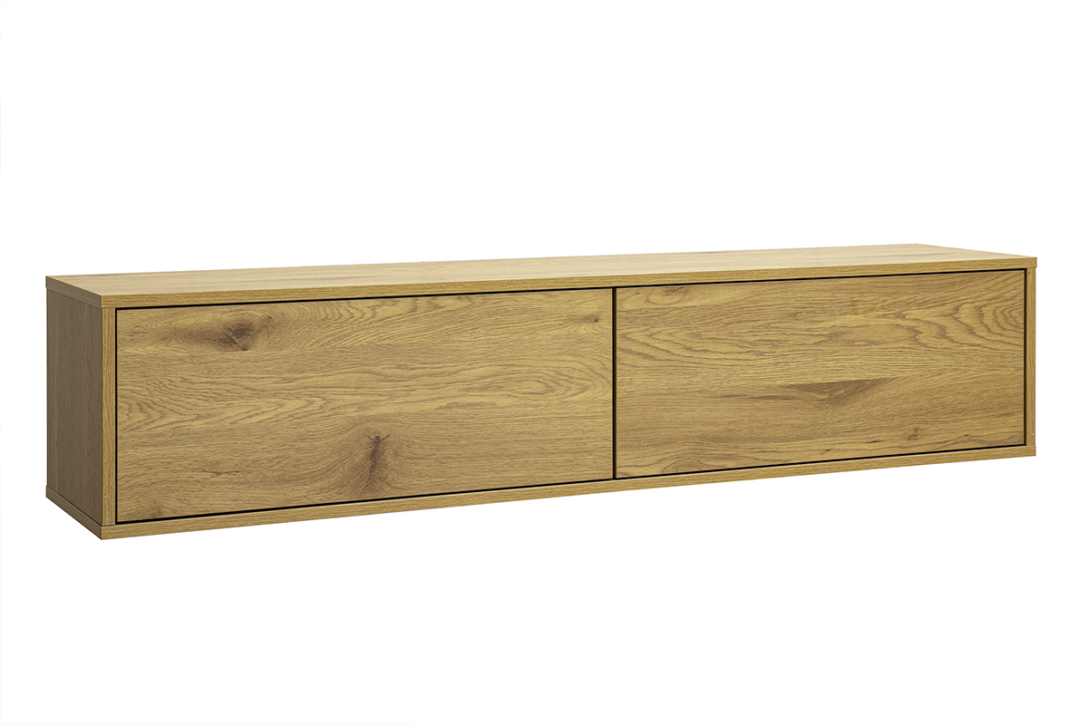 Mueble TV mural de madera clara de roble, vista de 3/4, longitud de 140 cm, con dos cajones sin tiradores.