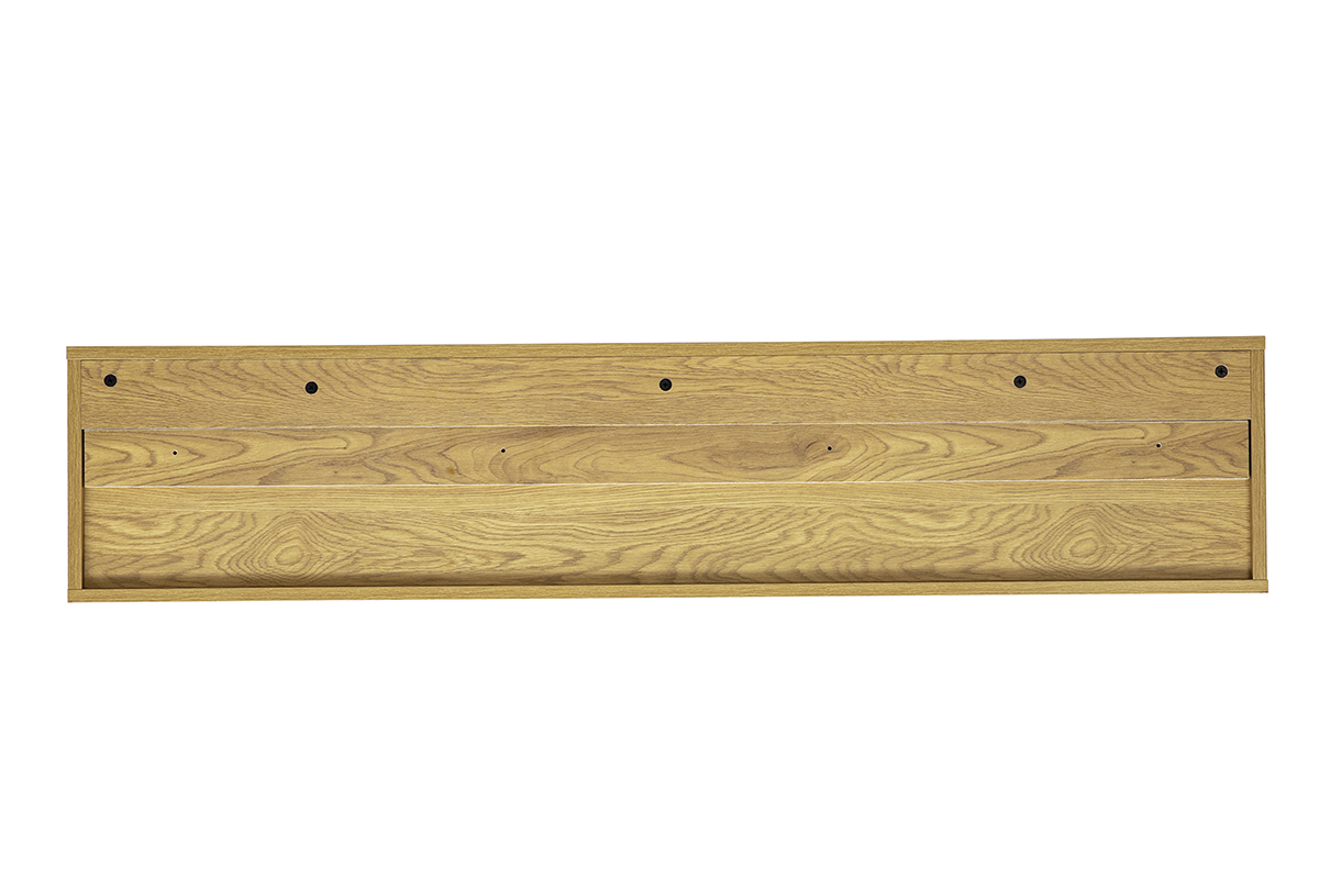 Mueble TV mural de madera clara de roble, acabado depurado, vista trasera, longitud 140 cm