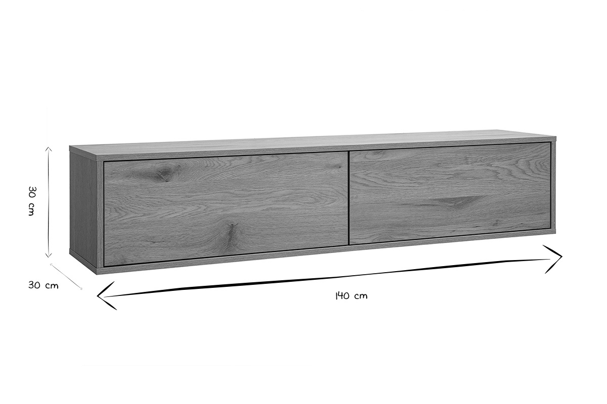 Dimensiones del mueble de TV mural FLEXO en blanco y negro: 140 cm de largo, 30 cm de alto y 30 cm de profundidad.