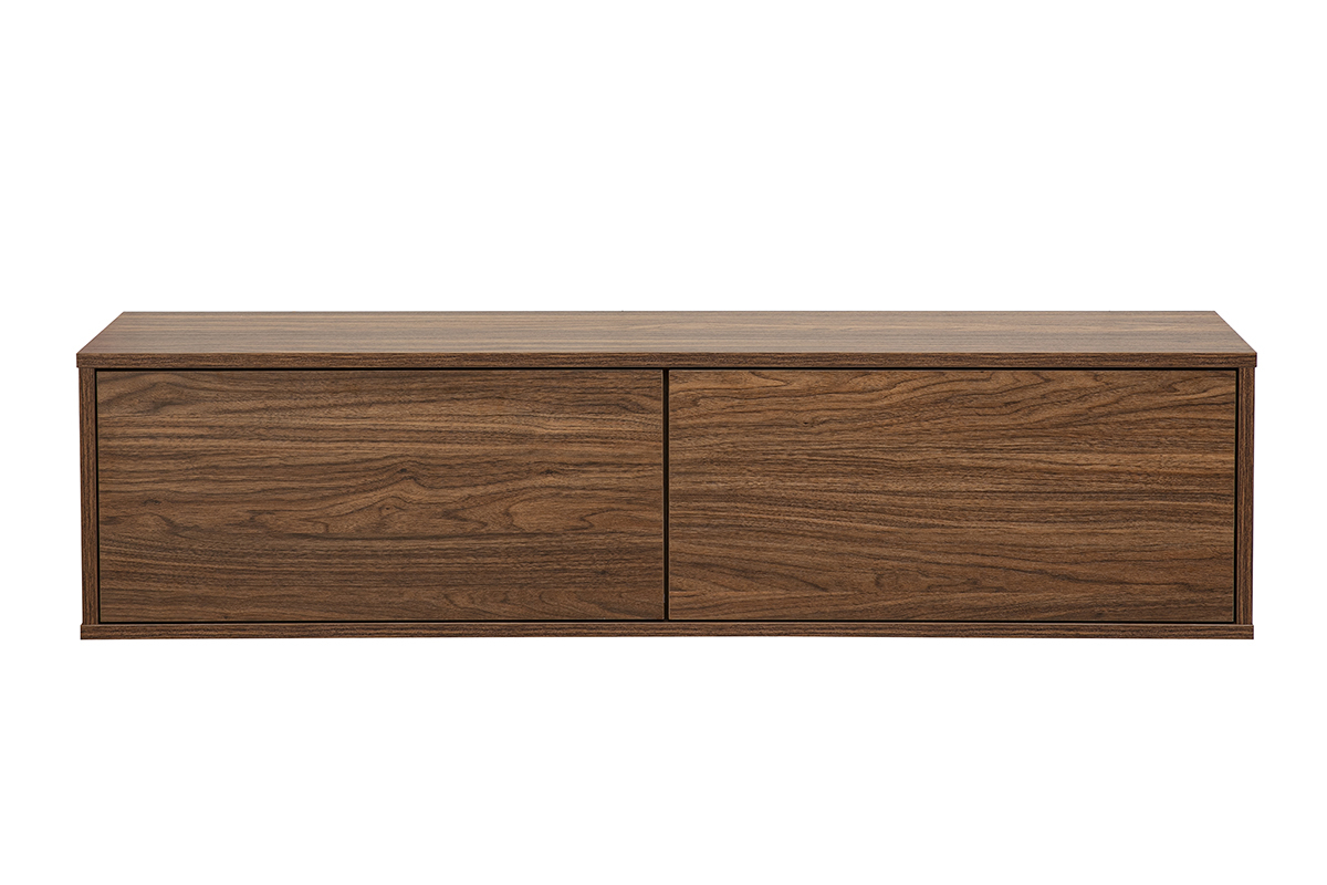 Mueble TV mural de madera de nogal oscuro, vista frontal, dimensiones L120 x P30 x H30 cm