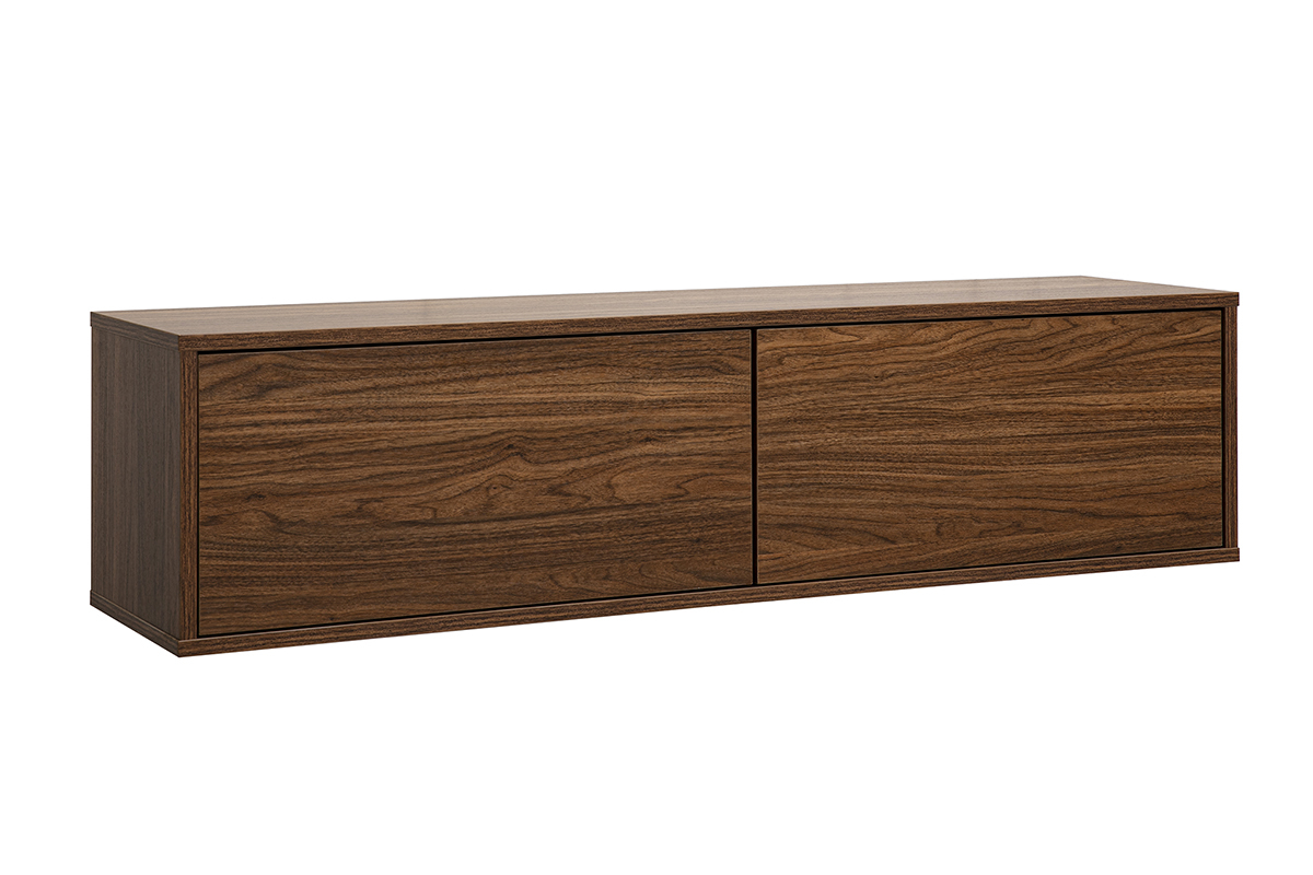 Mueble TV mural de madera oscura nogal, dise�o suspendido, vista en 3/4.