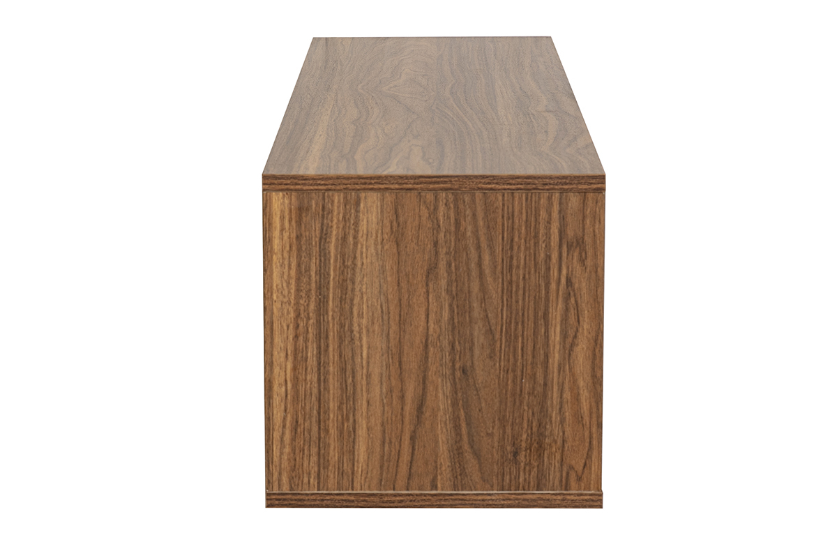 Meuble TV mural de madera de nogal oscuro, vista de perfil, dimensiones L120 cm.