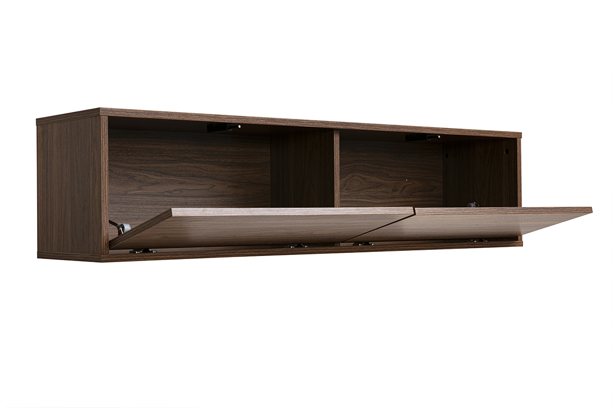Mueble TV mural FLEXO en madera oscura nogal, vista de 3/4 con puertas abiertas