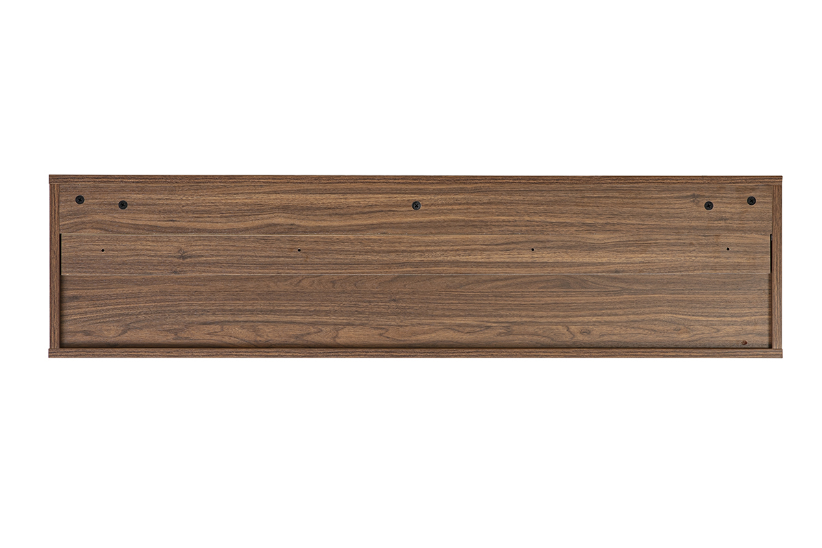 Mueble TV mural de madera oscura nogal, vista trasera, dimensiones L120 x P30 x H30 cm.