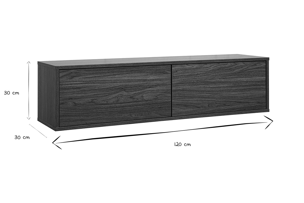 Dimensiones del mueble TV mural en negro y blanco: L120 cm, P30 cm, H30 cm.