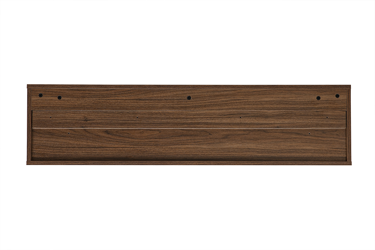 Mueble de TV mural con acabado de madera de nogal oscuro, vista trasera con dos cajones visibles.