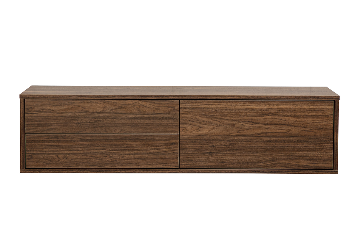 Mueble TV mural acabado en madera oscura nogal L120 cm con dos cajones y un nicho abierto.