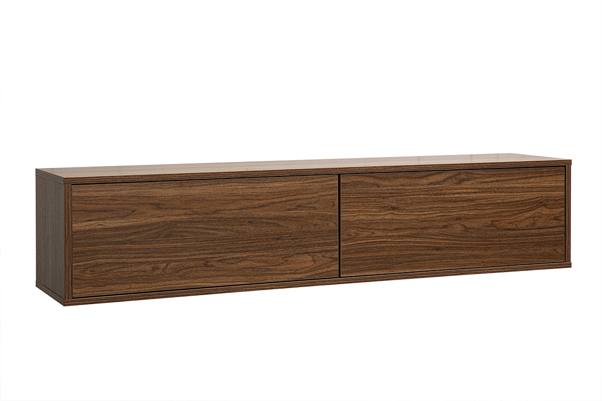 Mueble de TV mural de madera de nogal, acabado oscuro, vista de 3/4, dos compartimentos sin tiradores.