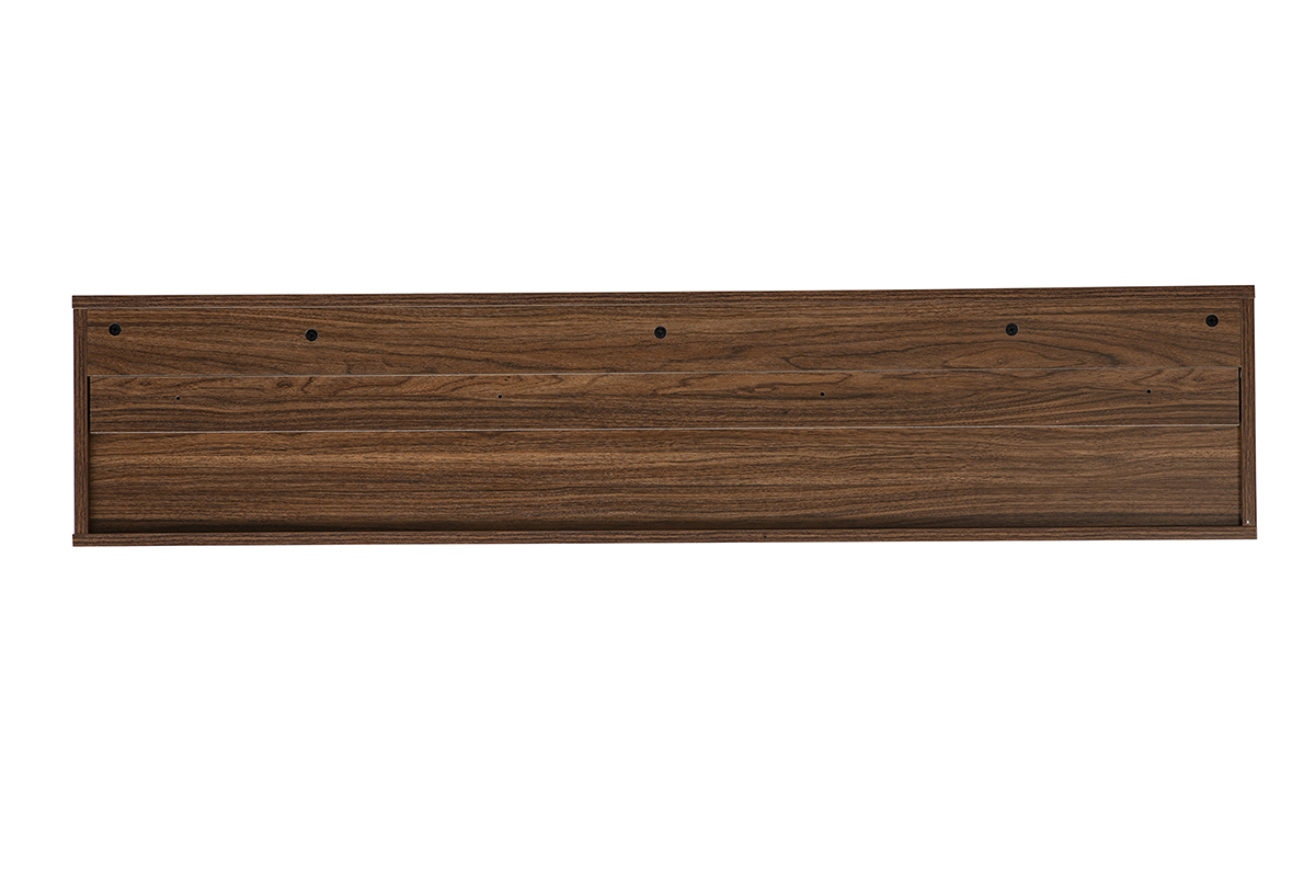 Mueble TV mural de madera oscura nogal, vista trasera, dimensiones L140 cm