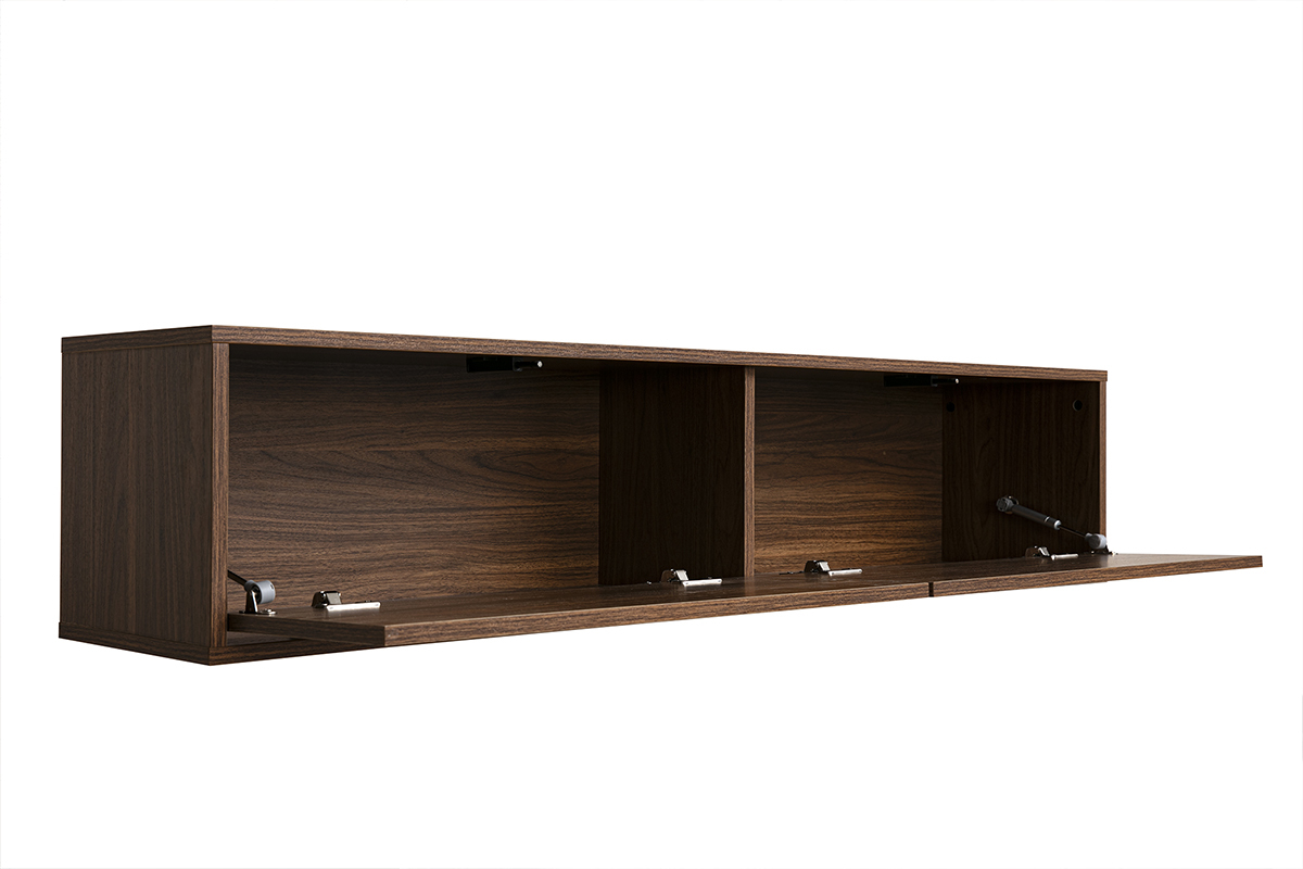 Mueble de TV mural con acabado de madera oscura nogal, vista en 3/4, con dos aperturas sin tiradores.