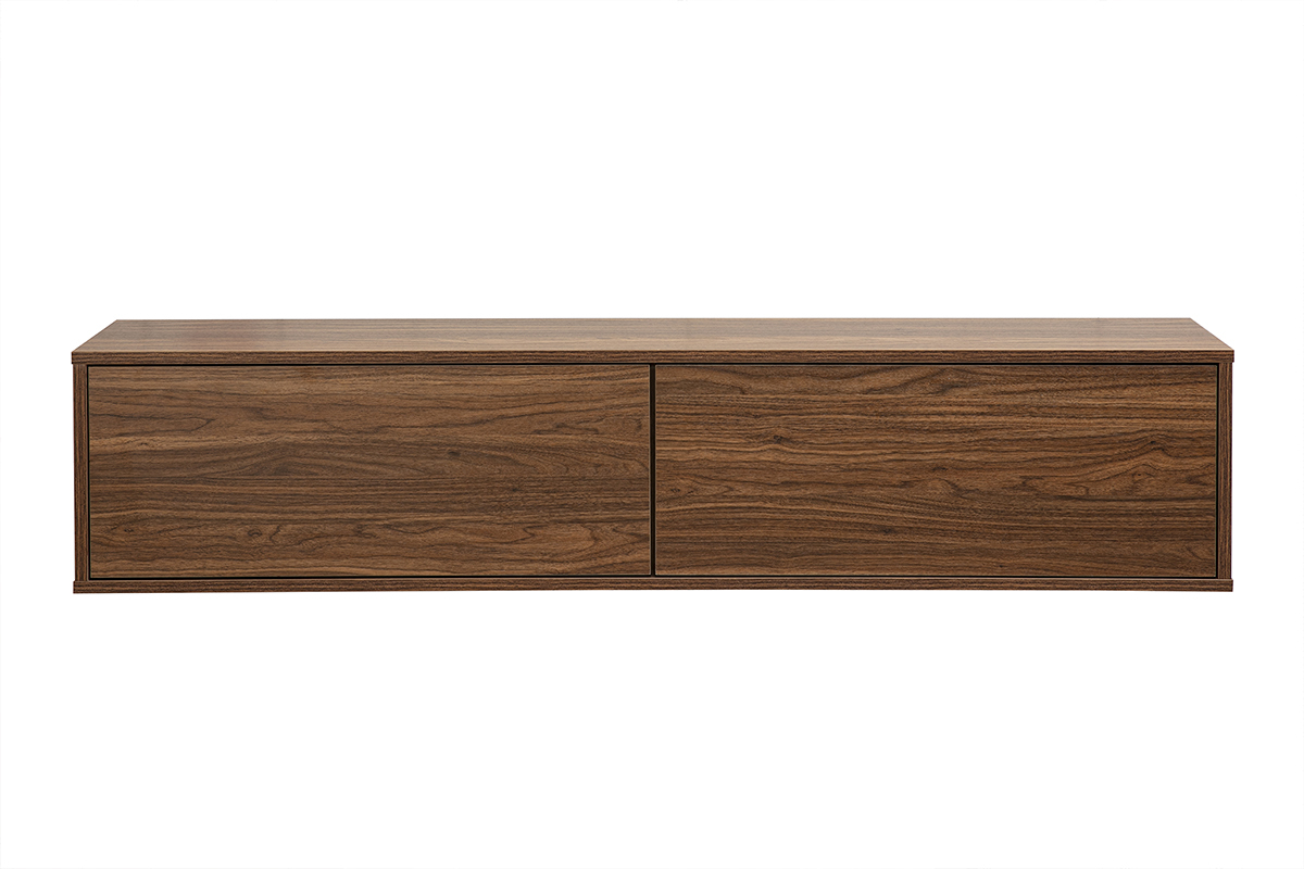 Mueble TV mural acabado en madera oscura nogal L140 cm FLEXO, vista frontal.