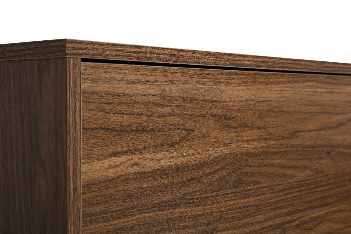 Detalle del mueble TV mural FLEXO en acabado de madera de nogal, vista de cerca.