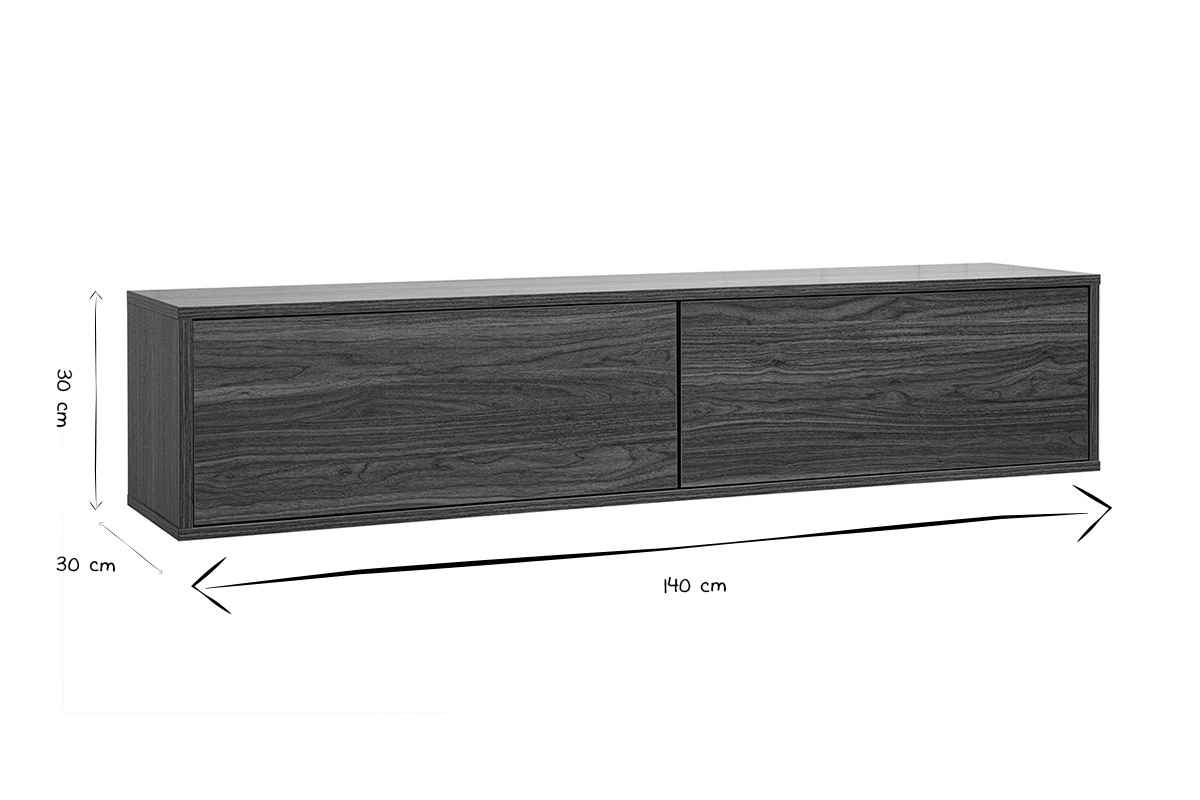 Dimensiones del mueble TV mural FLEXO en negro y blanco, 140 cm de largo, 30 cm de alto y profundidad.