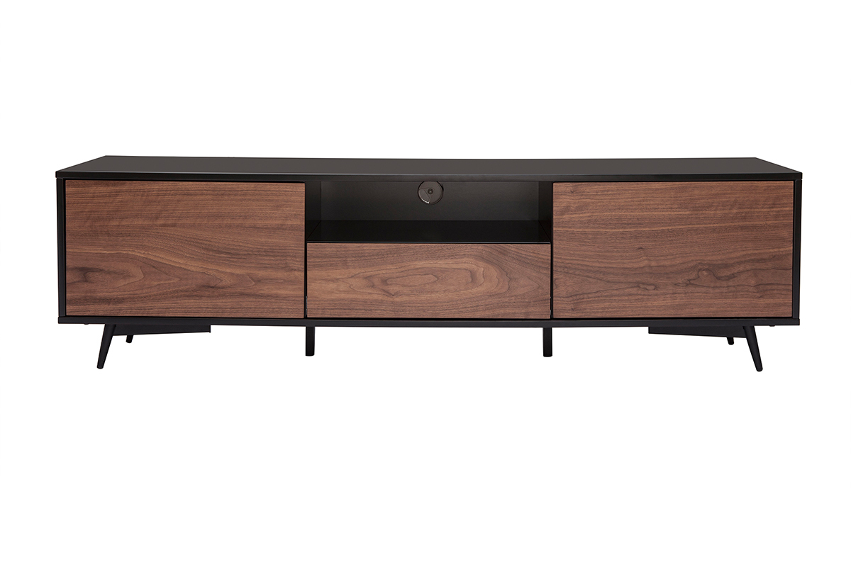 Mueble TV negro mate y contrachapado de nogal con 2 puertas y 1 cajón 160 cm MERMOZ