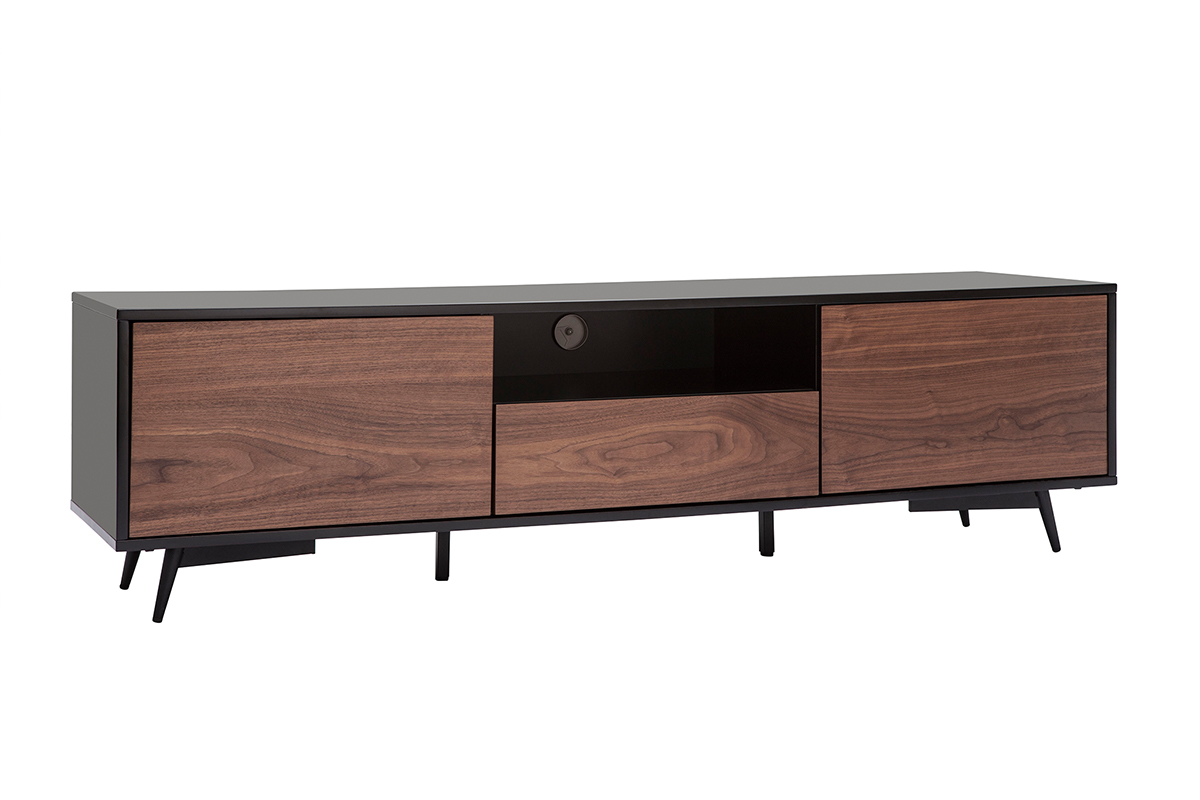 Mueble TV negro mate y contrachapado de nogal con 2 puertas y 1 cajón 160 cm MERMOZ