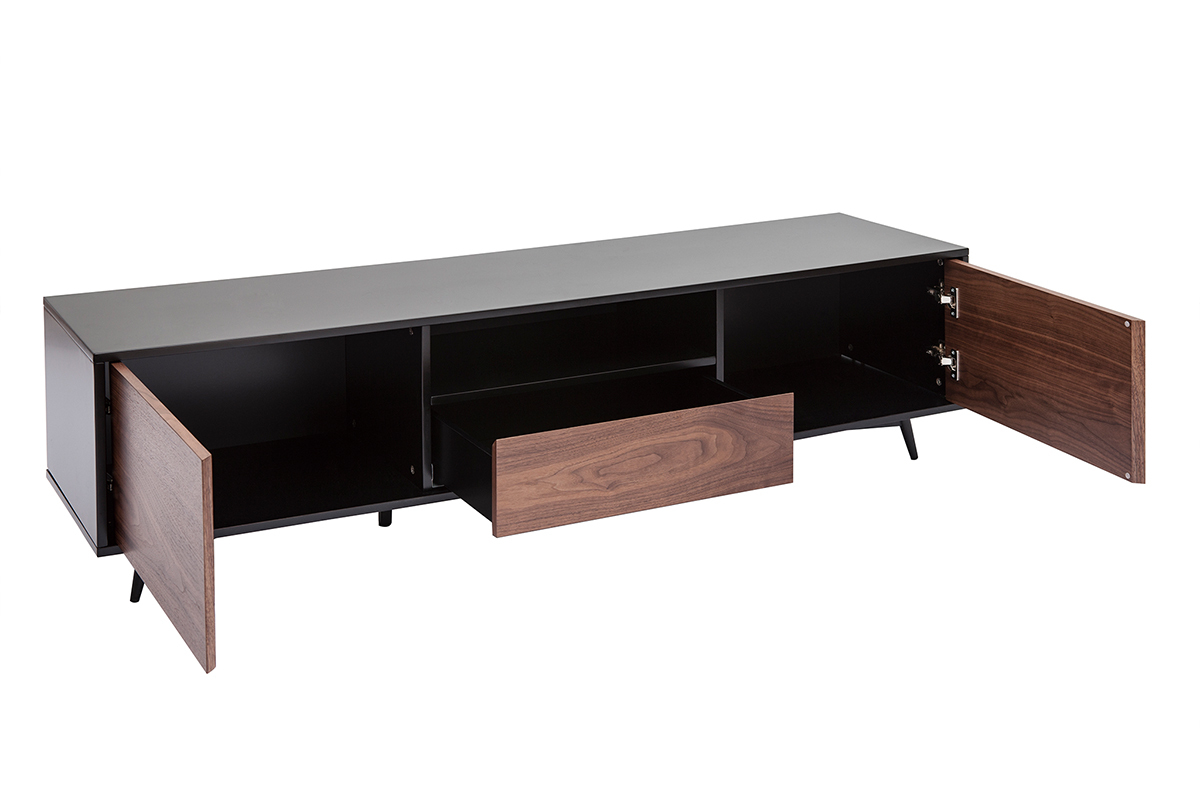 Mueble TV negro mate y contrachapado de nogal con 2 puertas y 1 cajón 160 cm MERMOZ