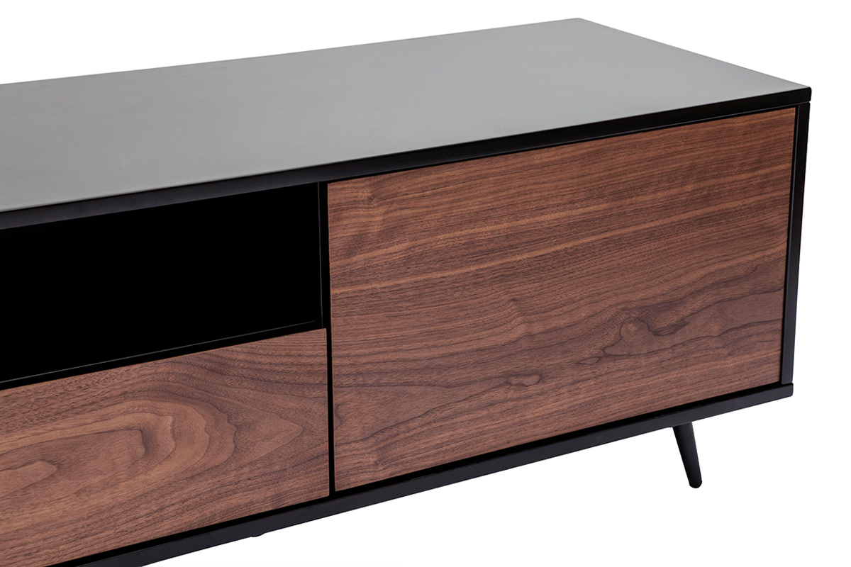 Mueble TV negro mate y contrachapado de nogal con 2 puertas y 1 cajón 160 cm MERMOZ