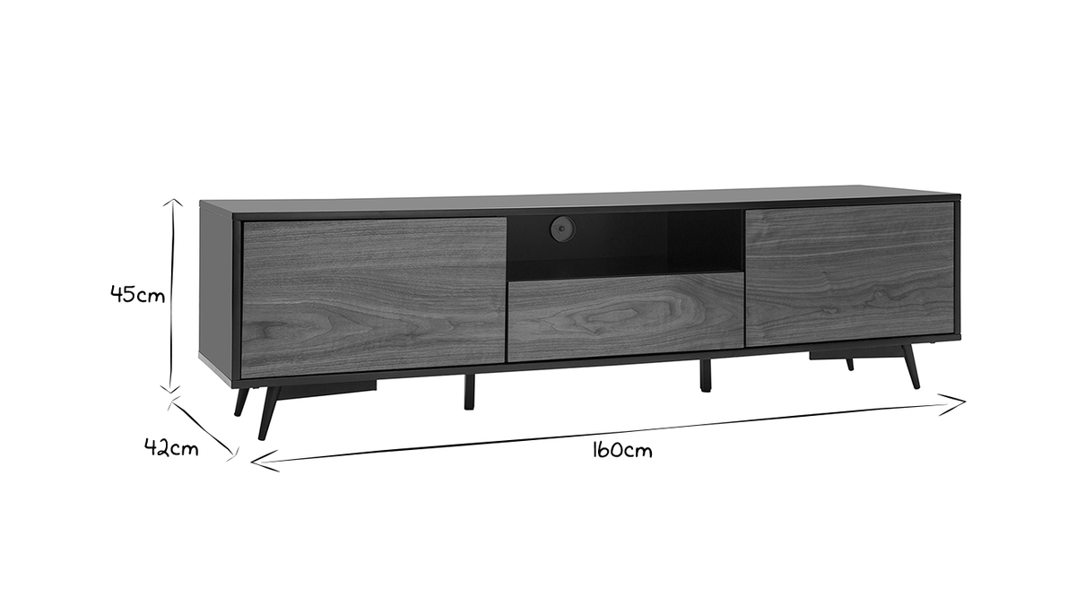 Mueble TV negro mate y contrachapado de nogal con 2 puertas y 1 cajón 160  cm MERMOZ - Miliboo