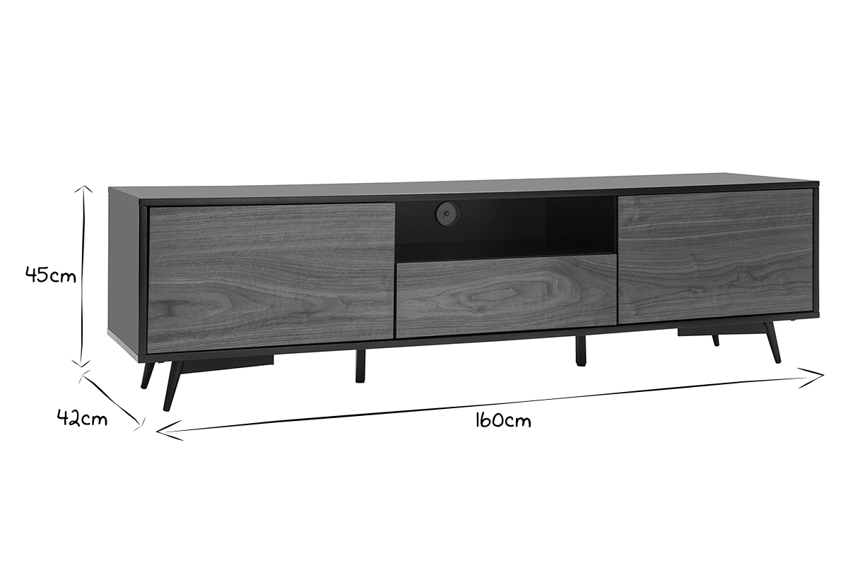 Mueble TV negro mate y contrachapado de nogal con 2 puertas y 1 cajón 160 cm MERMOZ