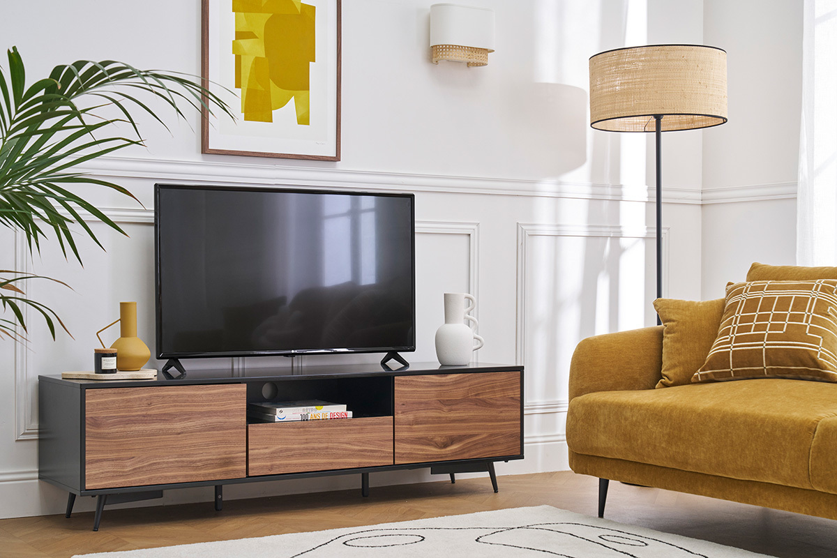 Mueble TV negro mate y contrachapado de nogal con 2 puertas y 1 cajn 160 cm MERMOZ