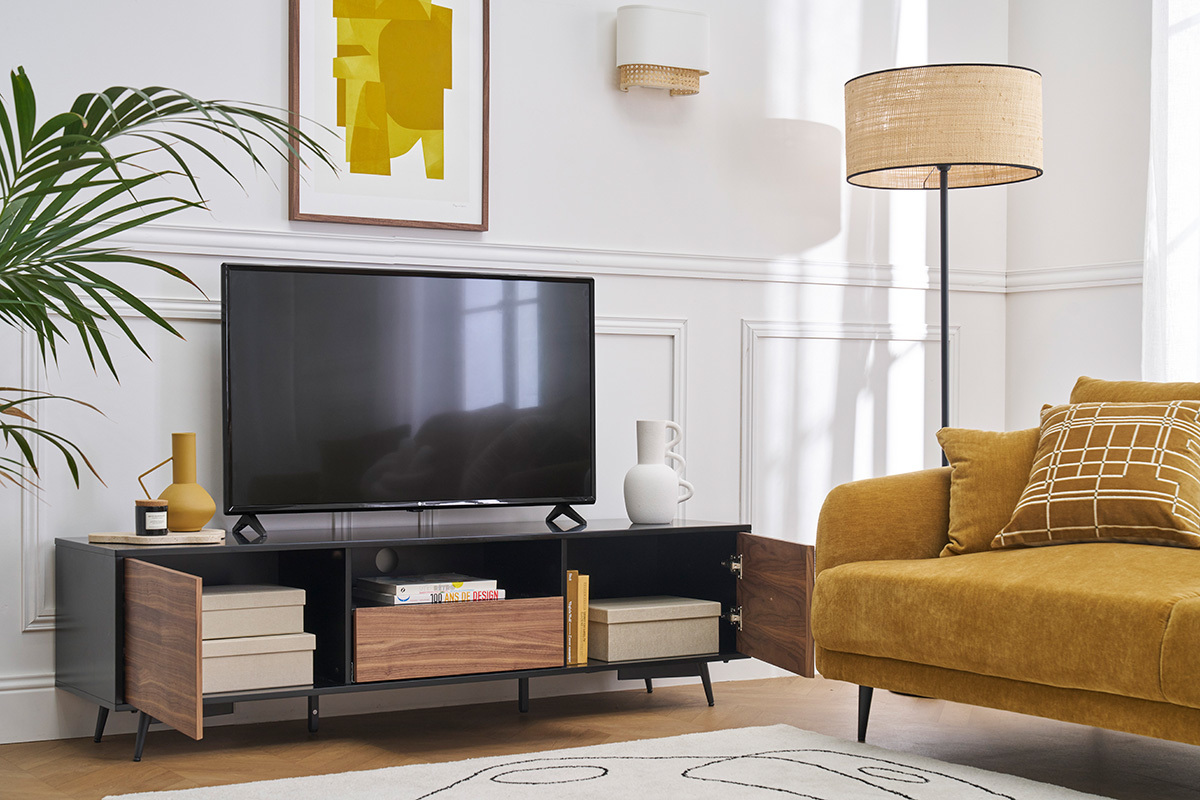 Mueble TV negro mate y contrachapado de nogal con 2 puertas y 1 cajn 160 cm MERMOZ
