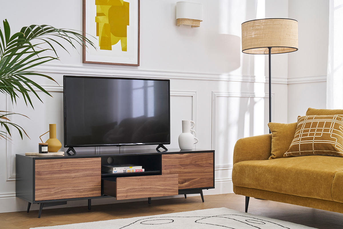 Mueble TV negro mate y contrachapado de nogal con 2 puertas y 1 cajn 160 cm MERMOZ