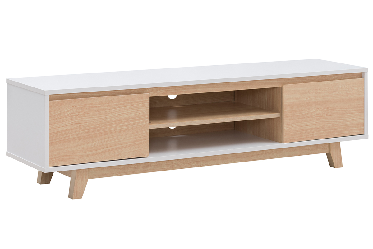 Mueble TV nrdico blanco brillante y madera LAHTI