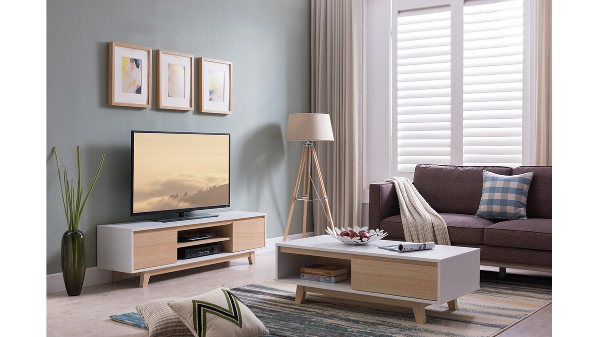 Mueble TV nrdico blanco brillante y madera LAHTI
