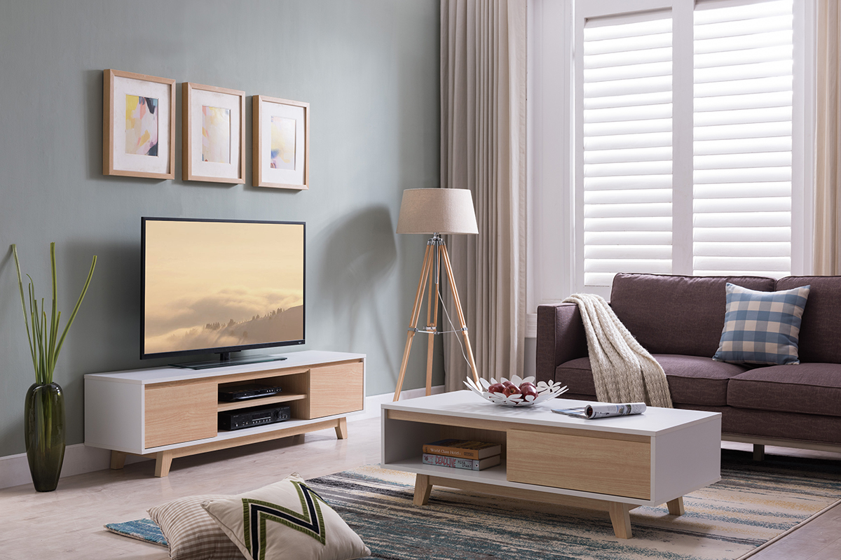 Mueble TV nrdico blanco brillante y madera LAHTI