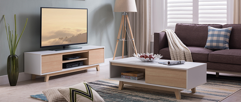 Mueble TV nórdico blanco brillante y madera LAHTI