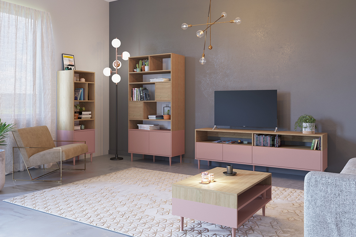 Mueble TV nrdico madera y rosa STRIPE