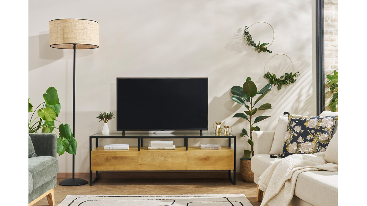 Mueble TV rectangular con almacenaje de madera maciza de mango, cristal y metal negro 150 cm DIYA