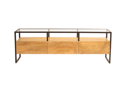Mueble TV rectangular con almacenaje de madera maciza de mango, cristal y metal negro 150 cm DIYA