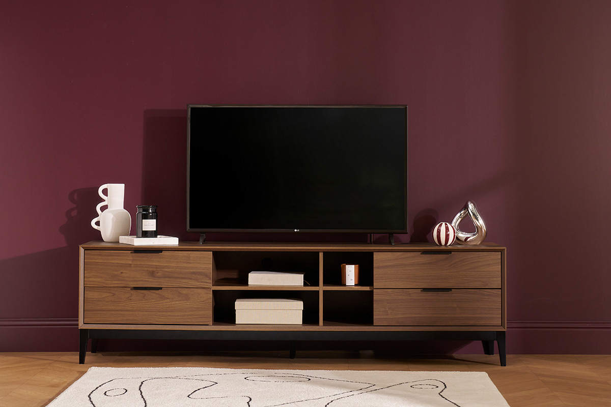 Mueble TV vintage con acabado de madera de nogal oscuro y metal negro con almacenaje 180 cm SARTO