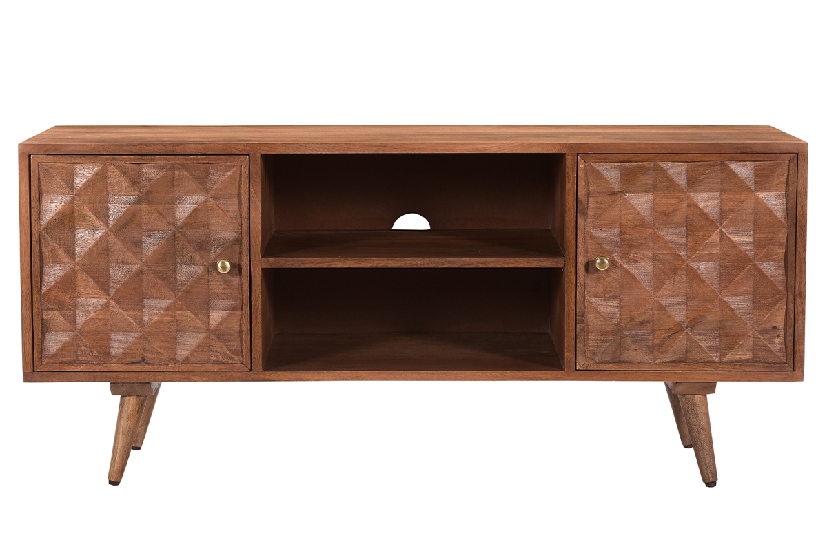 Mueble TV vintage de madera de mango maciza con puertas talladas diamantadas 115 cm HIRA