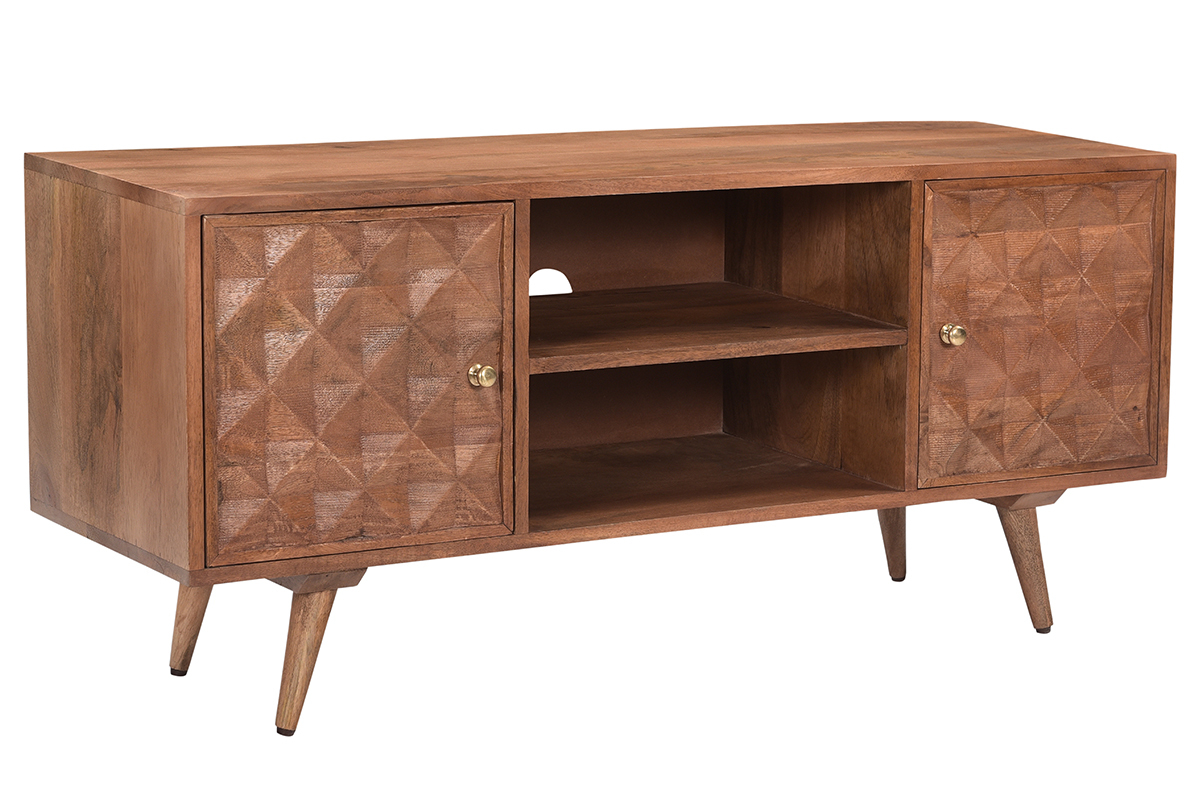 Mueble TV vintage de madera de mango maciza con puertas talladas diamantadas 115 cm HIRA